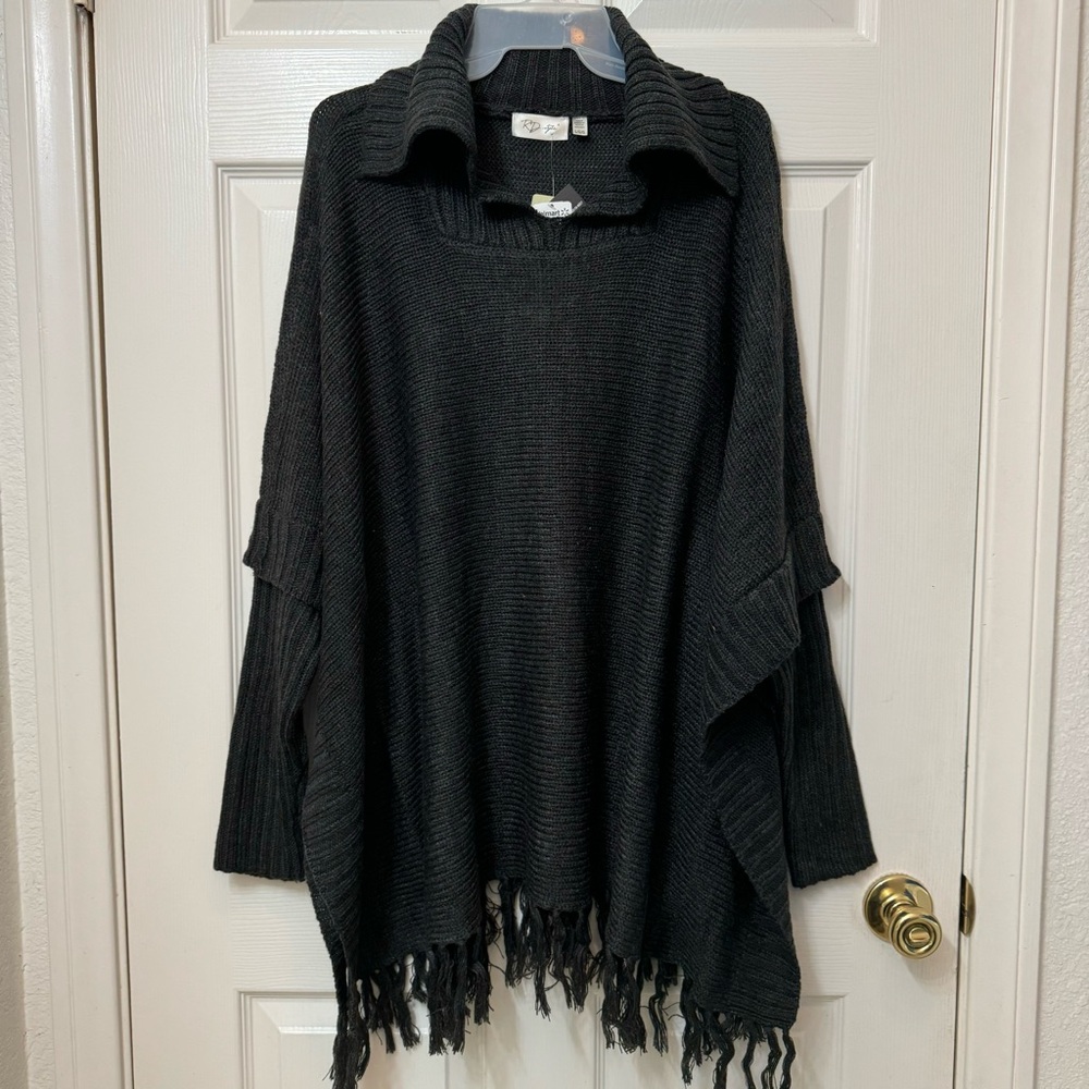 RD Style Gray Pullover Long Sleeve Poncho Sweater Women Large Fringe Bottom Hem